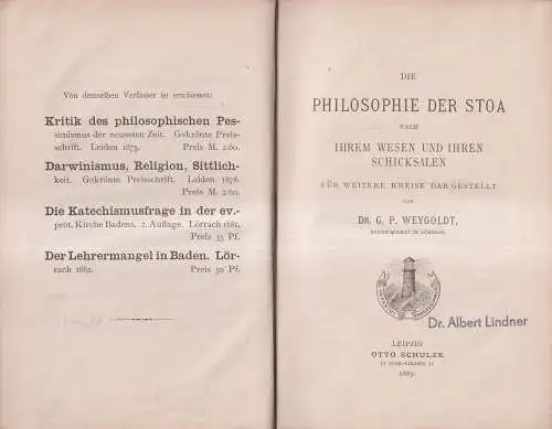 Buch: Die Philosophie der Stoa, G. P. Wygoldt, 1883, Otto Schulze, gebraucht gut