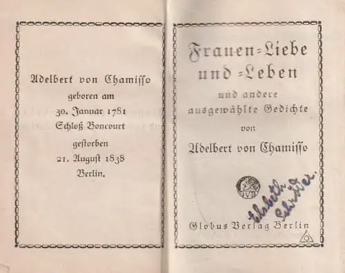 Buch: Frauen-Liebe und -Leben, Adelbert von Chamisso, Globus Verlag