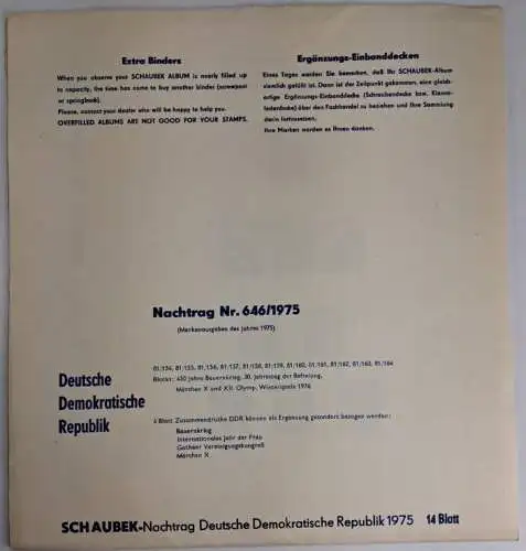 Schaubek Briefmarkenalben Nachtrag Nr. 646/1975 Deutsche Demokratische Republik