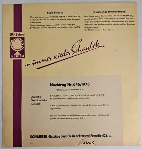 Schaubek Briefmarkenalben Nachtrag Nr. 646/1973 Deutsche Demokratische Republik