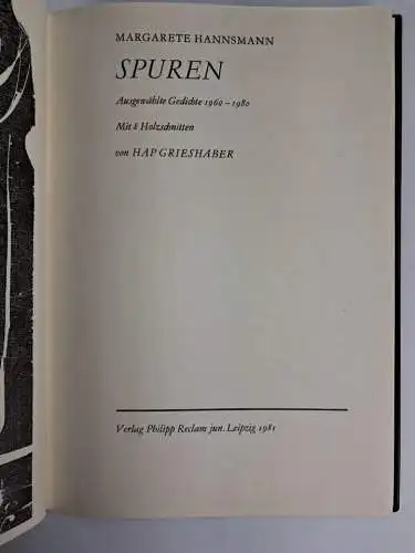 Buch: Spuren, Margarete Hannsmann, 1981, Reclam, Holzschnitt von HAP Grieshaber