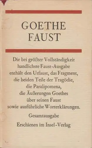 Buch: Faust, Gesamtausgabe, Johann Wolfgang von Goethe, 1969, Insel, Leder!