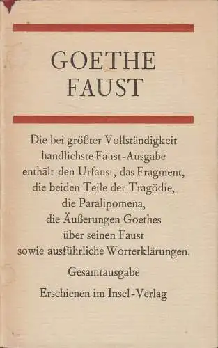 Buch: Faust, Gesamtausgabe, Johann Wolfgang von Goethe, 1969, Insel, Leder!