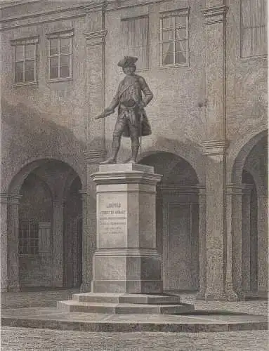 Stahlstich: Denkmal für Leupold von Anhalt Dessau, 1845, ED. Wagner, Dessau