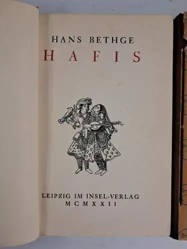 3 Bücher Hans Bethge: Flöte, Hafis, Liederbuch, um 1920, Insel, Gyldendalscher