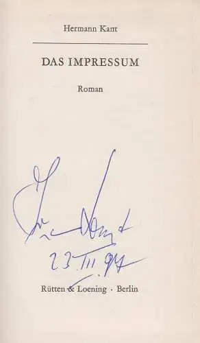 Buch: Das Impressum, Roman. Kant, Hermann, 1977, Rütten & Loening, signiert