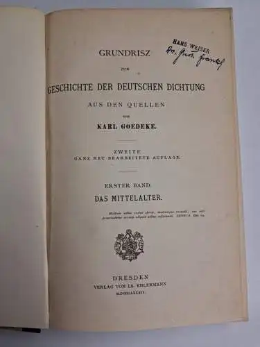 Buch: Grundriss zur Geschichte der deutschen Dichtung 1-3, Karl Goedeke, 1884 ff