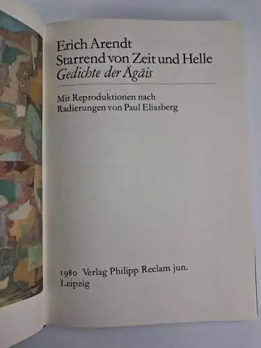 Buch + Grafik: Starrend von Zeit und Helle, Erich Arendt, Paul Eliasberg, Reclam