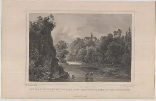 Grafik: Schloss Lichtenwalde und der Harrassprung., J. Falkner, L. Rohbock, 1850