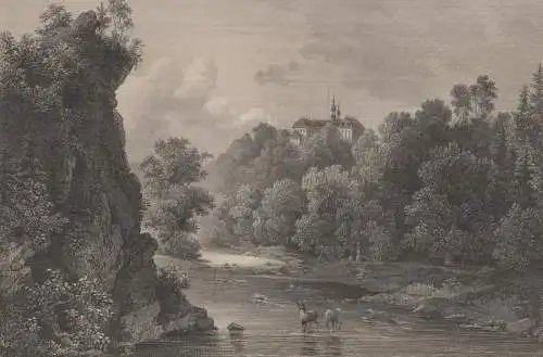 Grafik: Schloss Lichtenwalde und der Harrassprung., J. Falkner, L. Rohbock, 1850