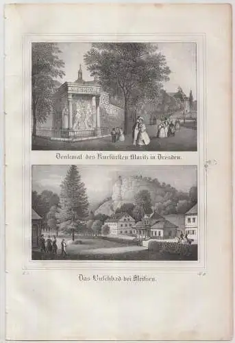 Denkmal des Kurfürsten Moritz in Dresden & Das Buschbad..., 1840, Litho, Saxonia