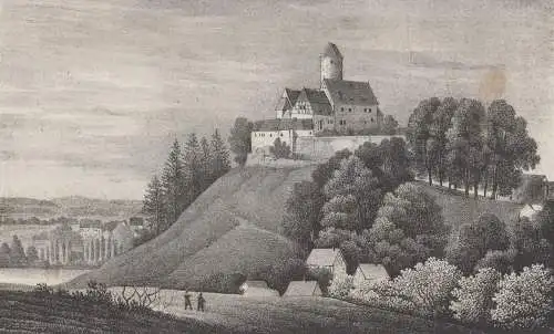 Schloss Schönfels, um 1835, Original-Lithografie, Saxonia, Eduard Pietzsch,