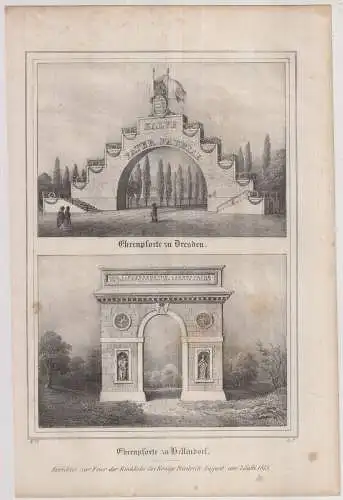 Ehrenpforte zu Dresden & Ehrenpforte zu Hellendorf, um 1840, Litho, Saxonia