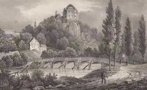 Schloss Wolkenburg, 1835, Lithografie. Saxonia, Eduard Pietzsch, Originalgrafik