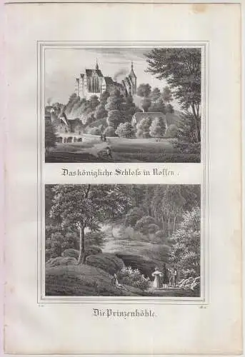 Das königliche Schloss in Nossen & Die Prinzenhöhle, 1835, Saxonia, Lithografie