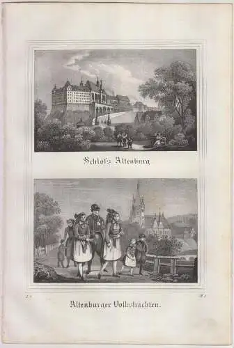 Schloss Altenburg & Altenburger Volkstrachten, 1835, Saxonia, Kreide-Lithografie