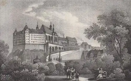 Schloss Altenburg & Altenburger Volkstrachten, 1835, Saxonia, Kreide-Lithografie