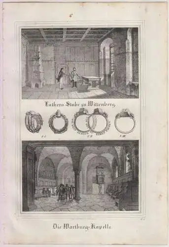 Luthers Stube zu Wittenberg & Die Wartburg-Kapelle, J. Williard, um 1840, Litho