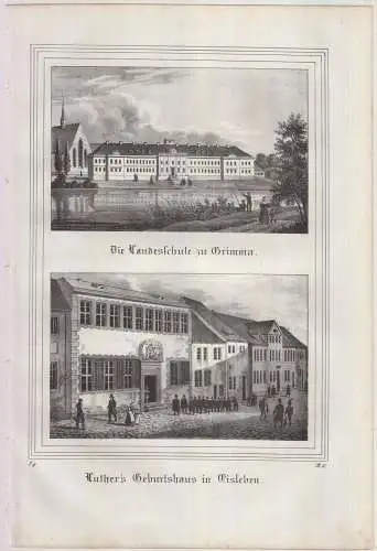 Die Landesschule zu Grimma & Luther's Geburtshaus in..., 1840, Litho, Saxonia