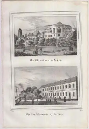 Die Bürgerschule zu Leipzig & Die Kunstakademie zu Dresden, 1840, Litho, Saxonia