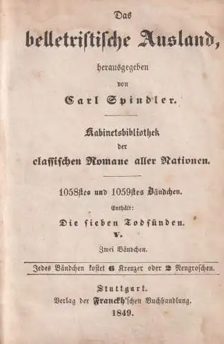Buch: Die sieben Todsünden V. Die Trägheit, Band 1, Eugene Sue, 1849, Franckh