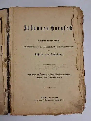 Buch: Johannes Karaseck, Kriminal-Novelle, Alfred von Dornburg, 1891, H. Oeser