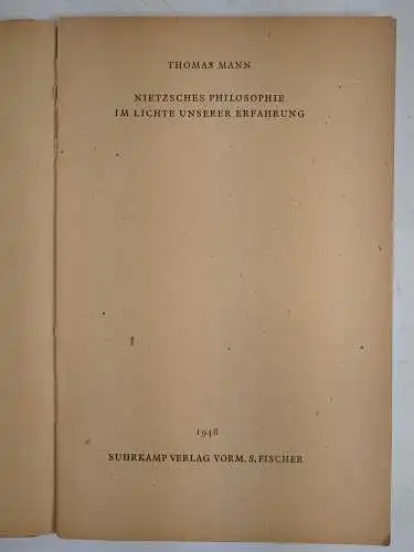 Buch: Nietzsches Philosophie, Mann, Thomas. 1948, Suhrkamp vorm Fischer Verlag