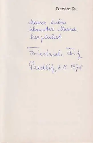 Buch: Fremder Du, Fritz, Friedrich Michael, ca. 1978, Verlag Joh. Leon Klagenf.