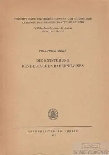 Buch: Die Entstehung des deutschen Bauernhauses, Behn, Friedrich. 1957