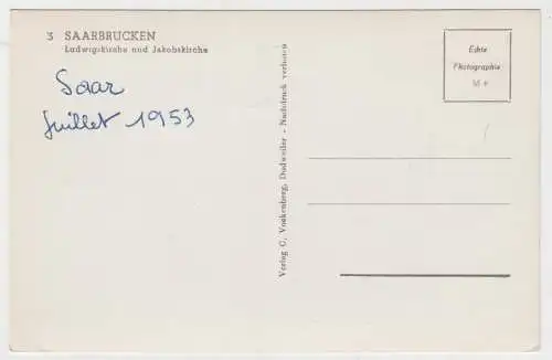 AK Saarbrücken. Ludwigskirche und Jakobskirche, 1953, G. Vockenberg, Postkarte