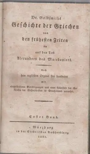 Buch: Dr. Goldsmiths Geschichte der Griechen, 1821, Stahelischen Buchhandlung
