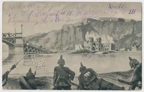 AK Sturm und Sprengung der Maasbrücke bei der Bergfestung Dinant, Postkarte 1912