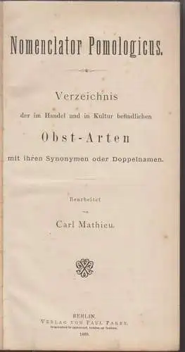 Buch: Nomenclator Pomologicus, Mathieu, Carl, 1889, Paul Parex, guter Zustand
