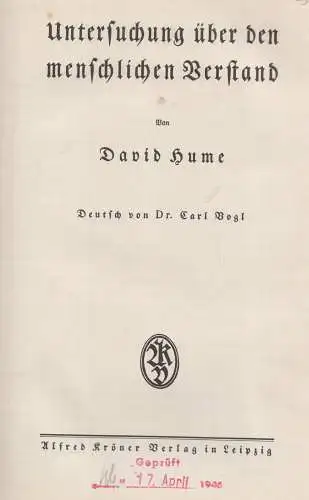 Buch: Untersuchung über den menschlichen Verstand, Hume, David, Alfred Kröner