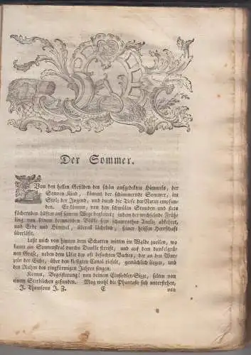 Buch:. Jahreszeiten, Thomson, Jacob, 1758, Koppische Buchhandlung, gebraucht gut