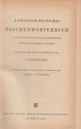 Buch: Der Taschen Heinichen Lateinisch Deutsch, 1956, B. G. Teubner Verlag
