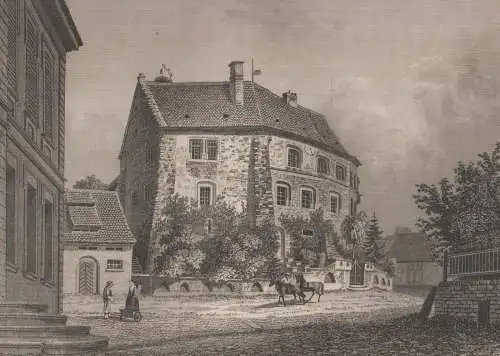 Grafik: Die Burg zu Rosslau an der Elbe, F. Foltz, J. Pozzi, um 1850, G. Lange