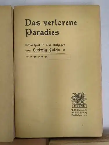 5 Bücher Ludwig Fulda, Cotta, 1987 ff., Seeräuber, Paradies, Talisman, Werkstatt