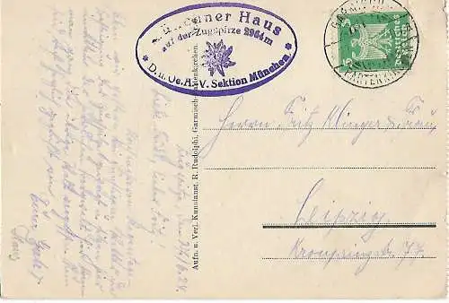 AK Unterkunftshütte am Höllentalanger. ca. 1924, Postkarte, gebraucht, gut