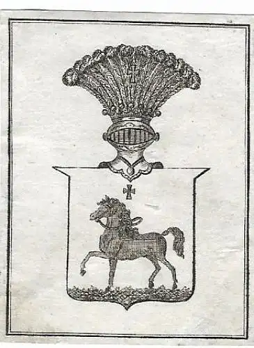Original Kupferstich-Wappen: Heraldik - Pferd, Helm, gebraucht, gut
