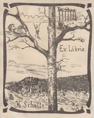 Original Druck Exlibris: H. Schotte, Baum, Haus