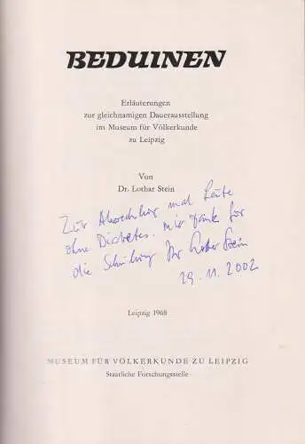 Buch: Beduinen. Stein, Lothar. 1968, Museum für Völkerkunde zu Leipzig, signiert
