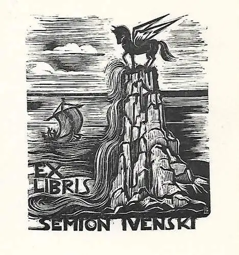 Original Holzschnitt Exlibris: Semion Ivenski, Pegasus, Felsen, Schiff, gut