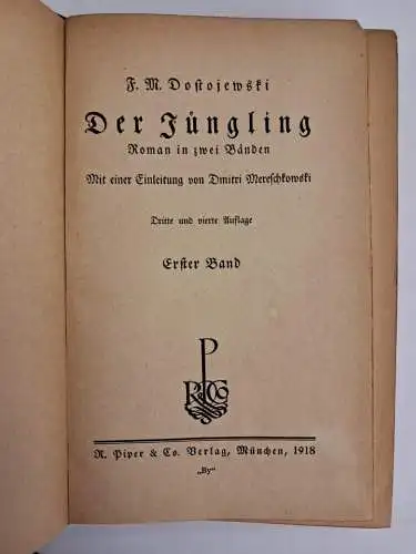 Buch: Der Jüngling 1+2, F. M. Dostojewski, 1918, Piper Verlag, 2 Bände