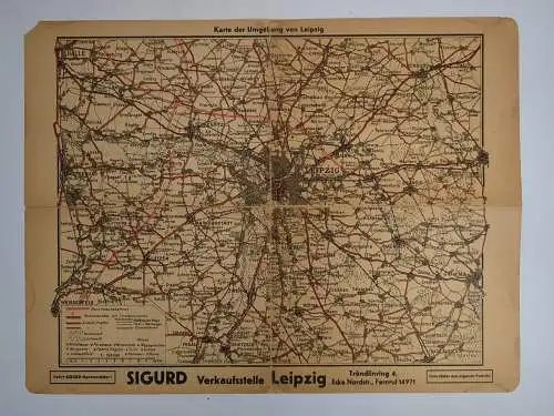 Landkarte: Karte der Umgebung von Leipzig, Werbung SIGURD Verkaufsstelle Leipzig