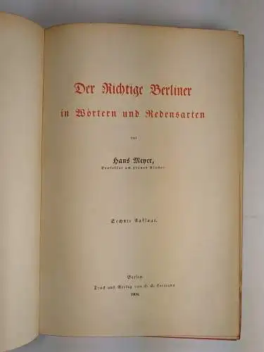 Buch: Der richtige Berliner in Wörtern und Redensarten, Hans Meyer, 1904