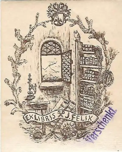 Original Druck Exlibris: J. Felix, Wissenschaft, Buch, Schnecke, gebraucht, gut