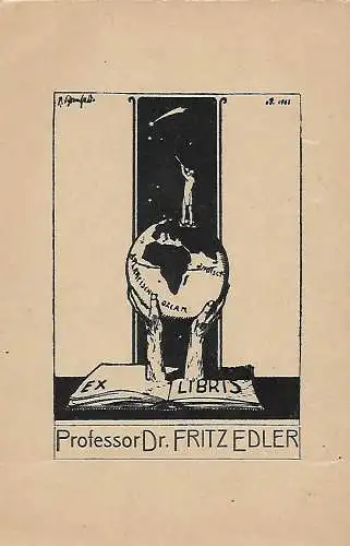 Original Grafik Exlibris: Professor Dr. Fritz Edler, Welt, Hände, Buch, gut