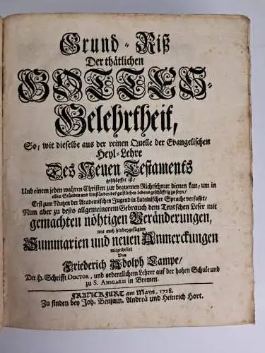 Buch: Grund-Riß der thätlichen Gottes-Gelehrtheit, Friedrich Adolph Lampe, 1728