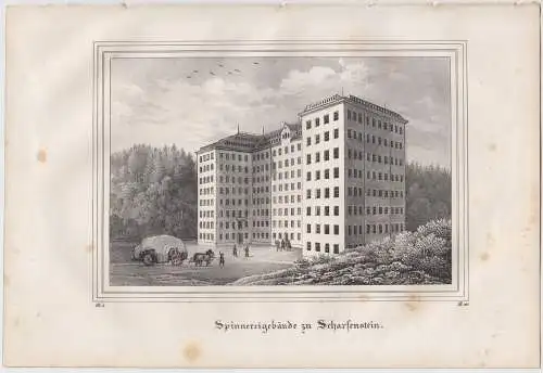 Lithografie: Spinnereigebäude in Scharfenstein, 1836, Eduard Pietzsch, Ansicht